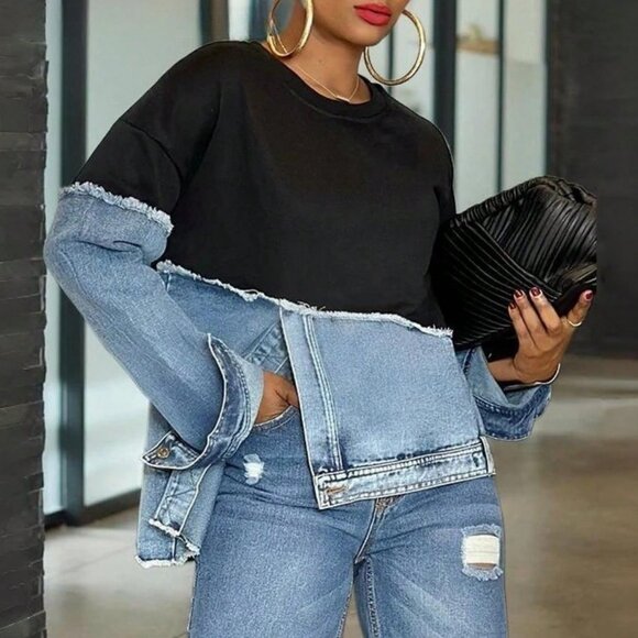 Tops - Black Casual Women's Valentine's Day Denim Patchwork Sweatshirt